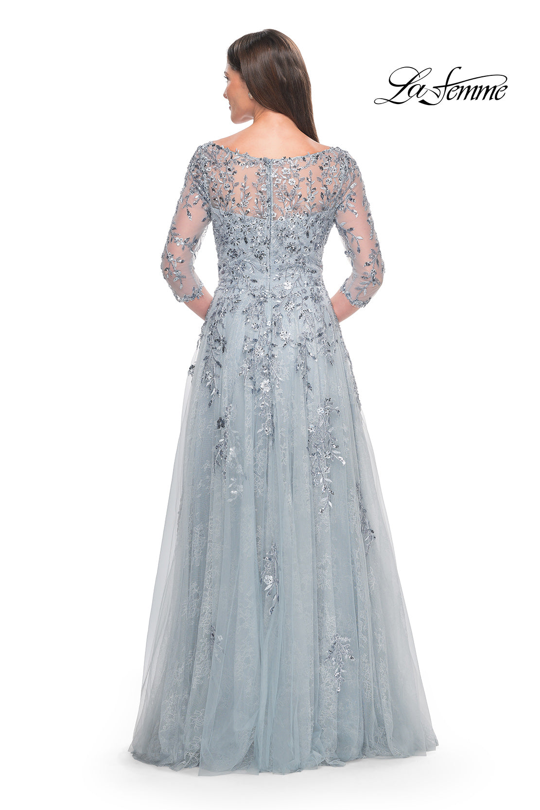 Picture of: A-Line Lace and Beaded Mother of the Bride Gown in Dusty Blue, Style: 31795, Back Picture