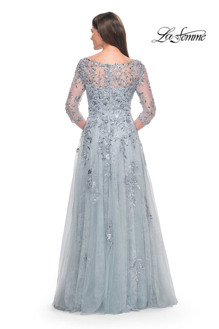 Picture of: A-Line Lace and Beaded Mother of the Bride Gown in Dusty Blue, Style: 31795, Back Picture