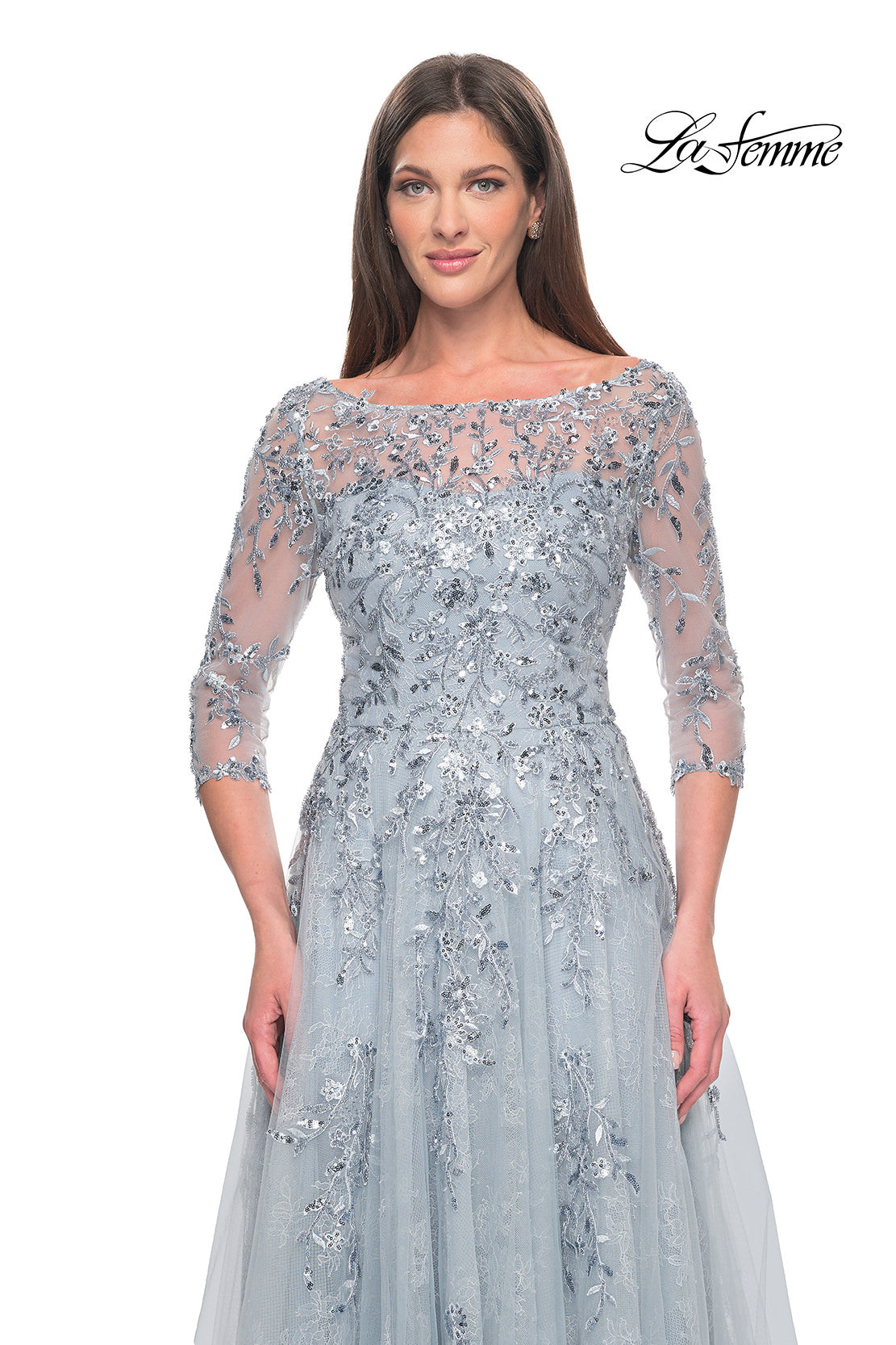 Picture of: A-Line Lace and Beaded Mother of the Bride Gown in Dusty Blue, Style: 31795, Detail Picture 1