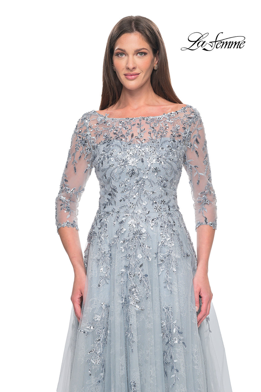 Picture of: A-Line Lace and Beaded Mother of the Bride Gown in Dusty Blue, Style: 31795, Detail Picture 1