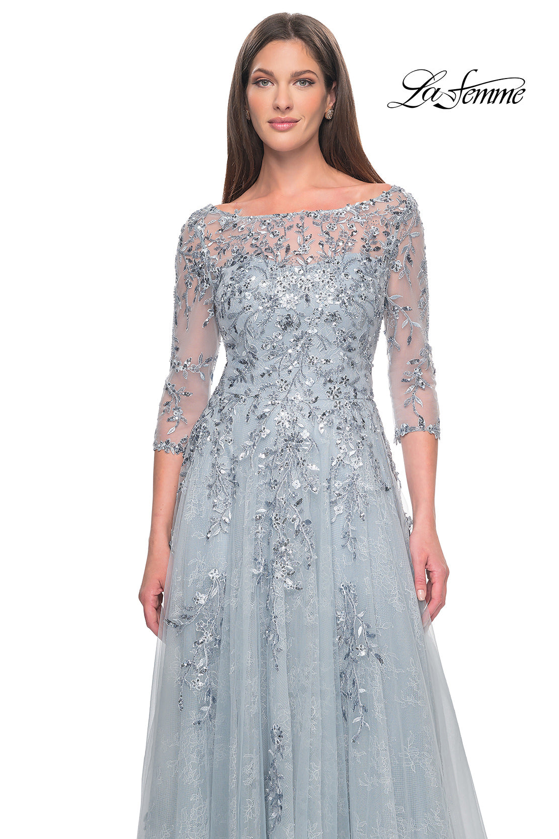 Picture of: A-Line Lace and Beaded Mother of the Bride Gown in Dusty Blue, Style: 31795, Detail Picture 3