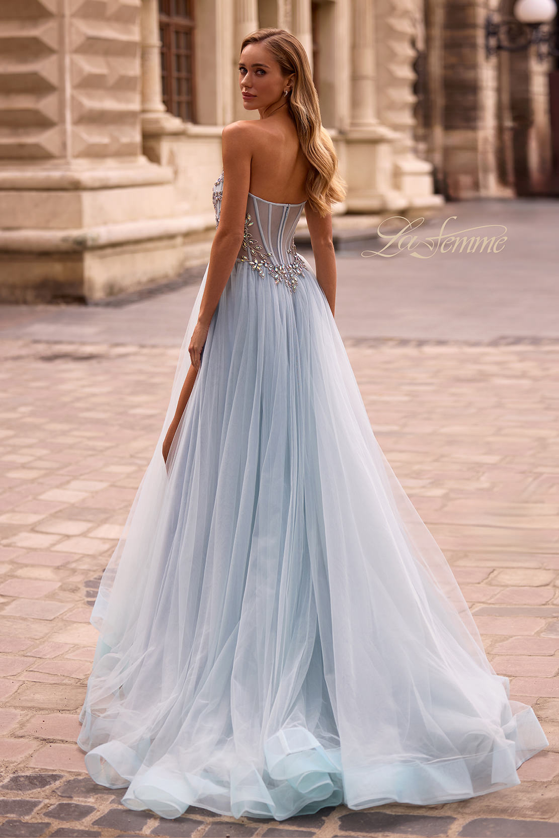 Picture of: A-line Tulle Prom Dress with Stunning Floral Beaded Design in Dusty Blue, Style: 32862, Back Picture