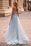 Picture of: A-line Tulle Prom Dress with Stunning Floral Beaded Design in Dusty Blue, Style: 32862, Back Picture