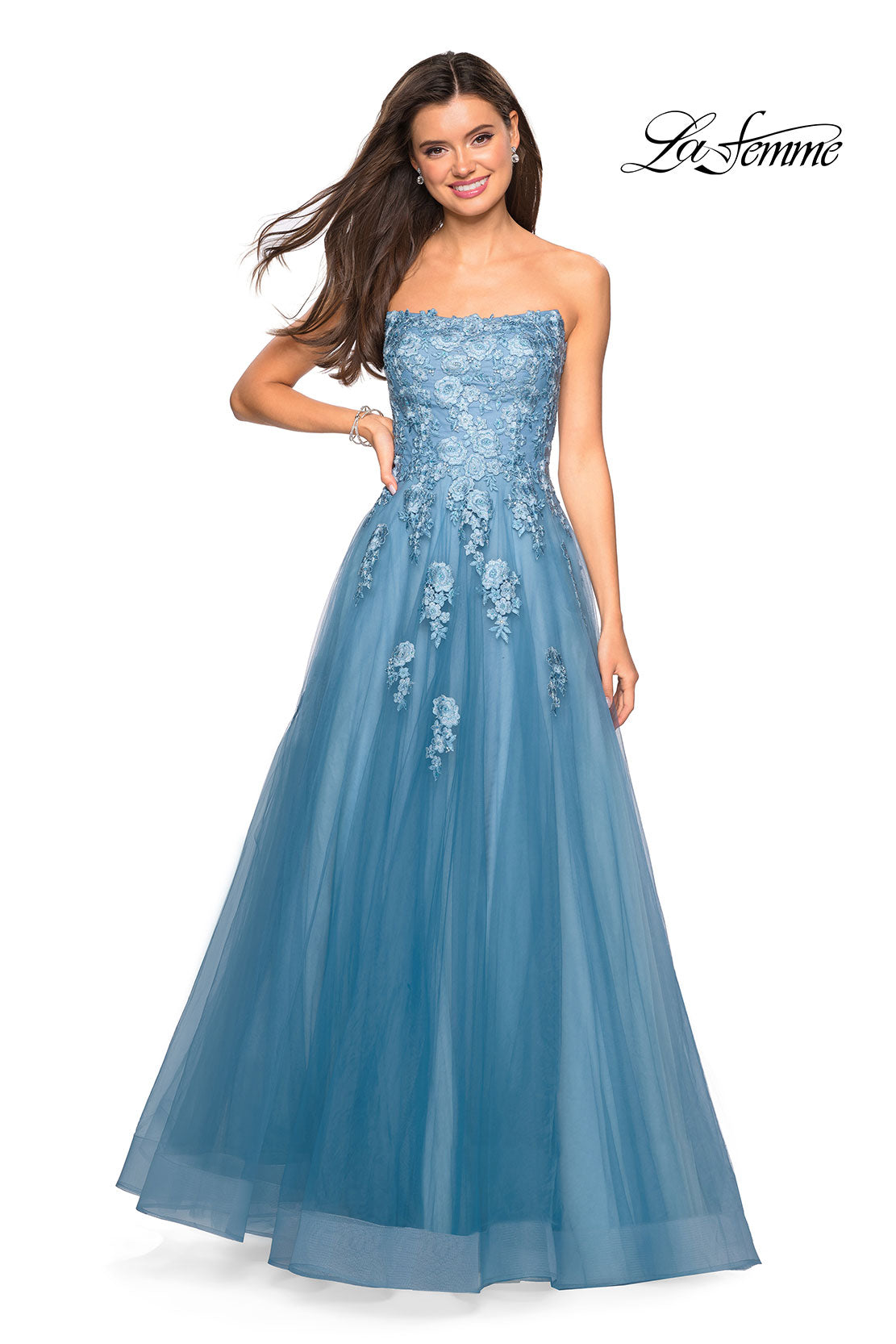Picture of: Lace Accented Strapless Ball Gown with Pockets in Dusty Blue, Style: 27330, Detail Picture 1