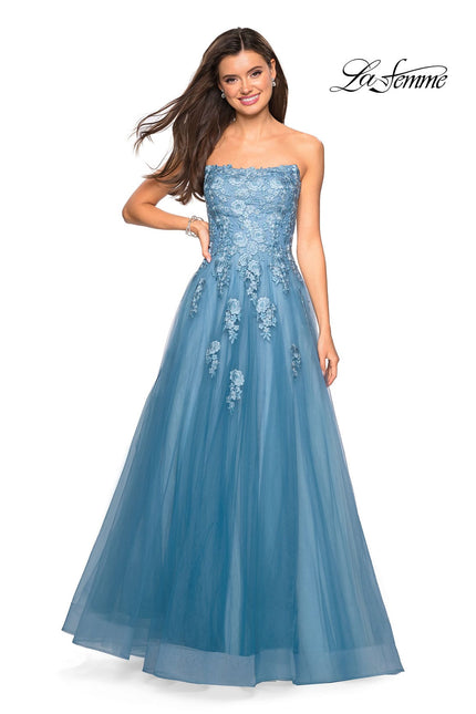 Picture of: Lace Accented Strapless Ball Gown with Pockets in Dusty Blue, Style: 27330, Detail Picture 1