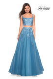 Picture of: Two Piece Floor Length Prom Dress with Lace Detail in Dusty Blue, Style: 27489, Detail Picture 1