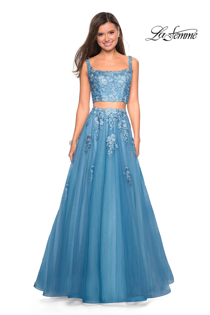 Picture of: Two Piece Floor Length Prom Dress with Lace Detail in Dusty Blue, Style: 27489, Detail Picture 1
