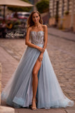 Picture of: A-line Tulle Prom Dress with Stunning Floral Beaded Design in Dusty Blue, Style: 32862, Detail Picture 1