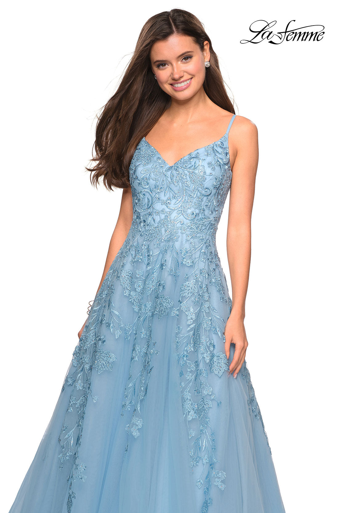 Picture of: Floral Embellished A-Line Tulle Prom Dress in Dusty Blue, Style: 27819, Detail Picture 2