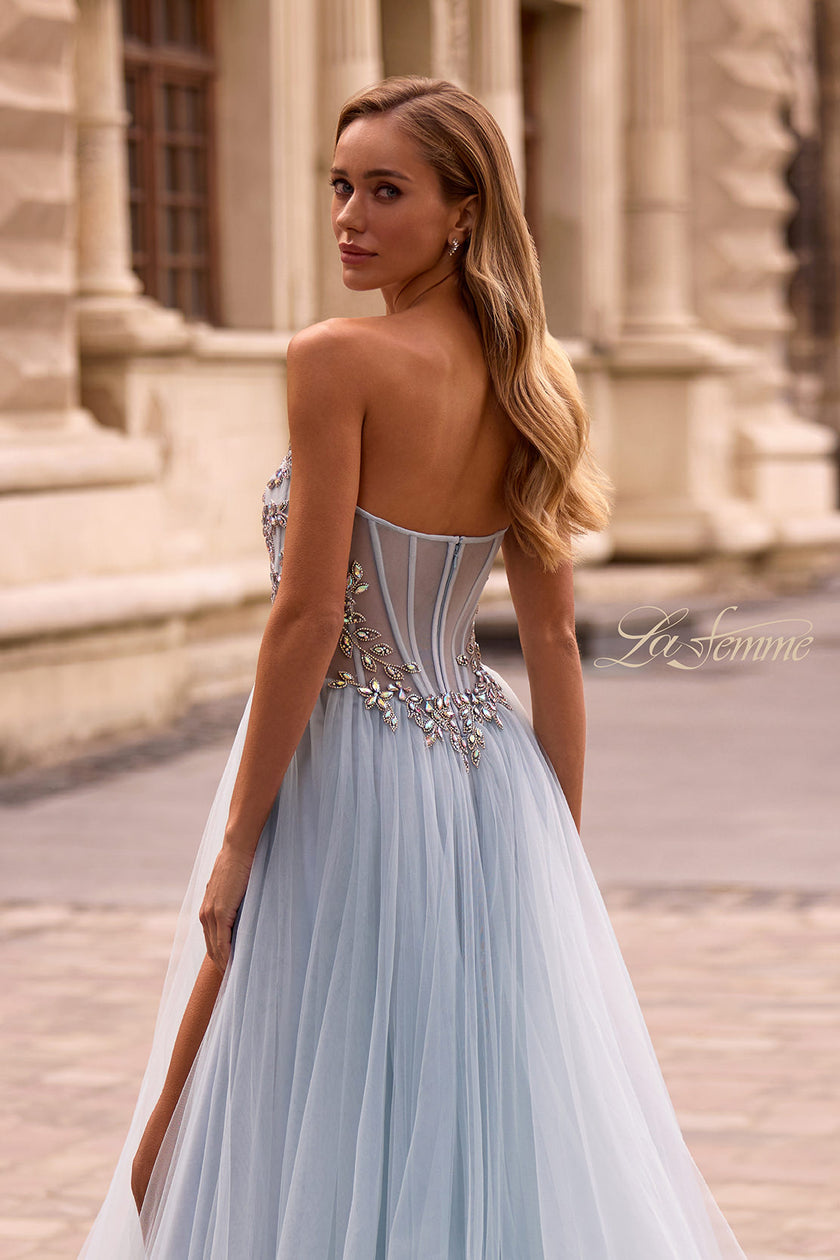 Picture of: A-line Tulle Prom Dress with Stunning Floral Beaded Design in Dusty Blue, Style: 32862, Detail Picture 2