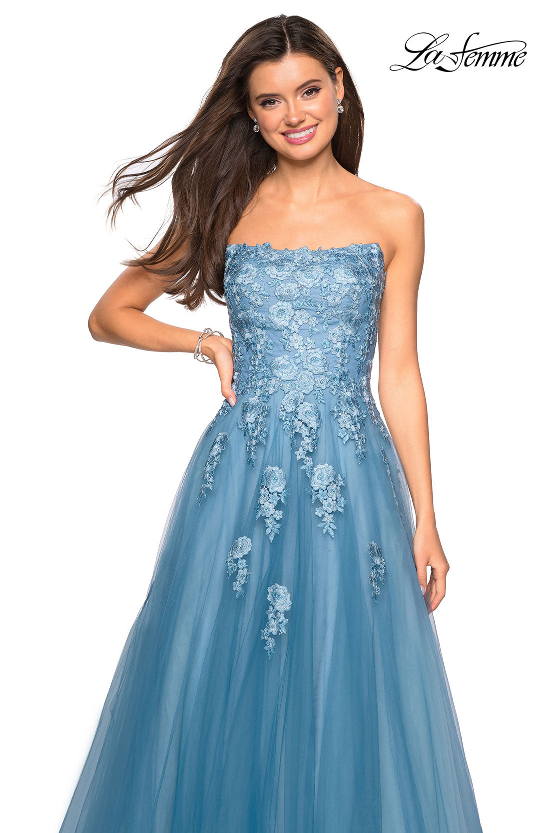 Picture of: Lace Accented Strapless Ball Gown with Pockets in Dusty Blue, Style: 27330, Detail Picture 4
