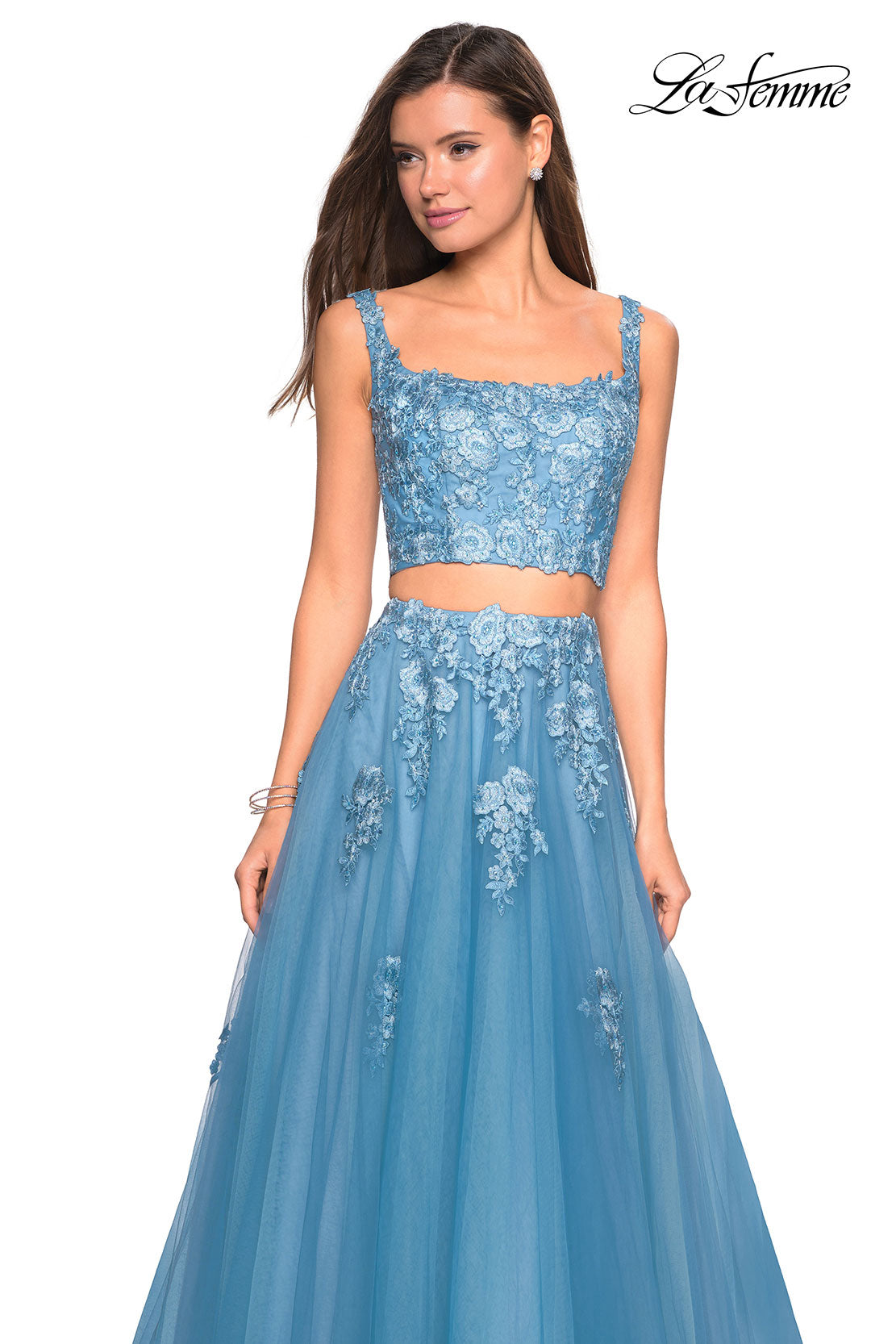 Picture of: Two Piece Floor Length Prom Dress with Lace Detail in Dusty Blue, Style: 27489, Detail Picture 7
