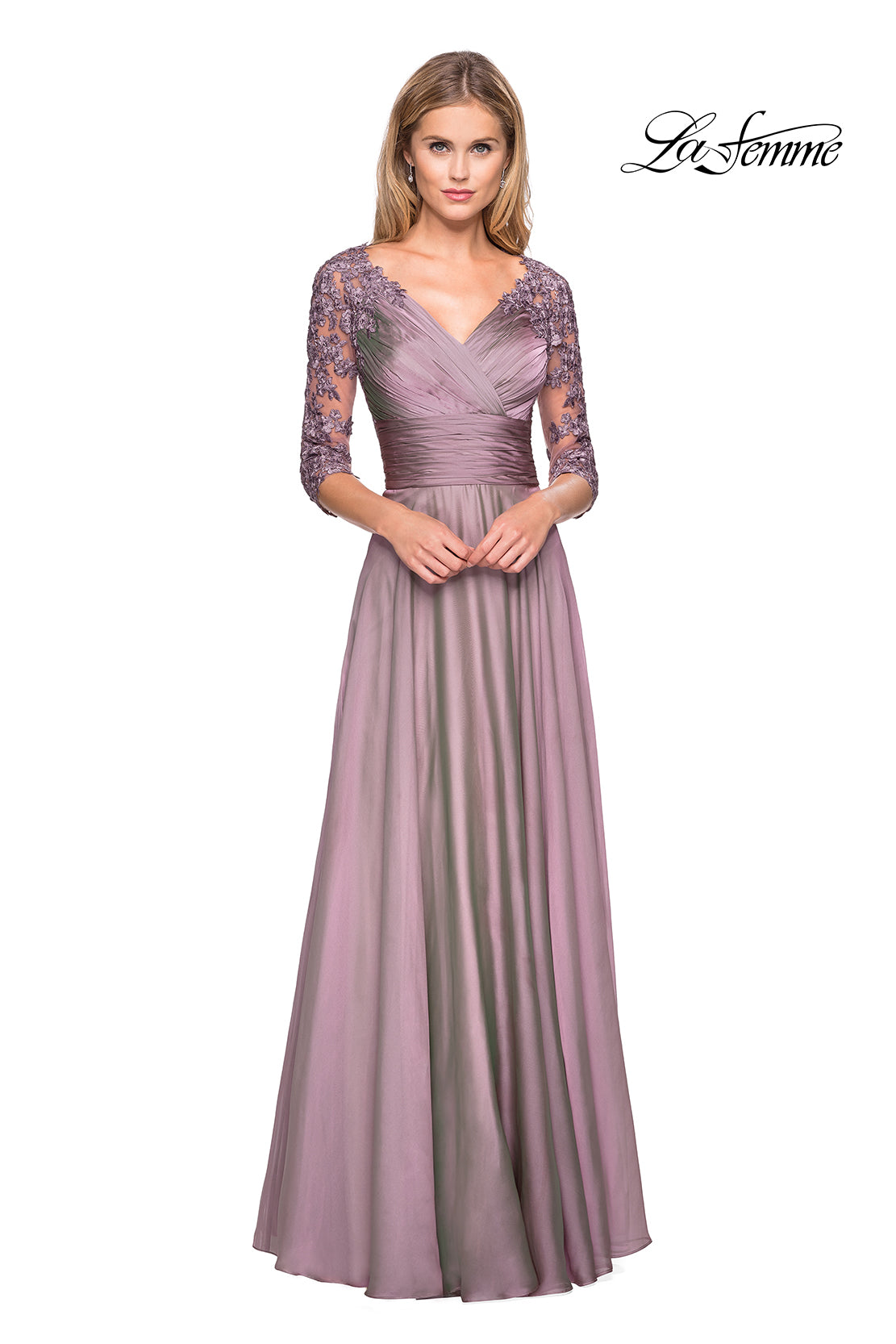 Picture of: Floor Length Chiffon Dress with Lace Sleeves in Dusty Lilac, Style: 27153, Main Picture
