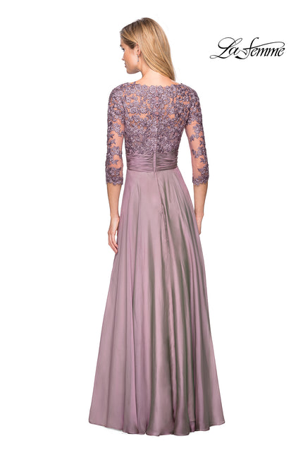 Picture of: Floor Length Chiffon Dress with Lace Sleeves in Dusty Lilac, Style: 27153, Back Picture