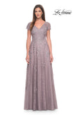 Picture of: A-Line Dress with Lace Applique and Sheer Short Sleeves in Dusty Lilac, Style: 30168, Detail Picture 1