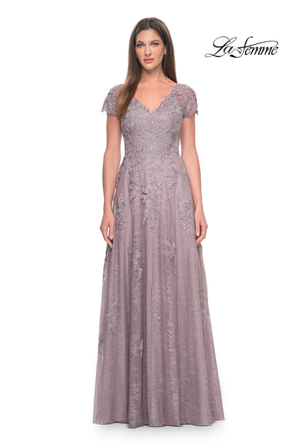 Picture of: A-Line Dress with Lace Applique and Sheer Short Sleeves in Dusty Lilac, Style: 30168, Detail Picture 1