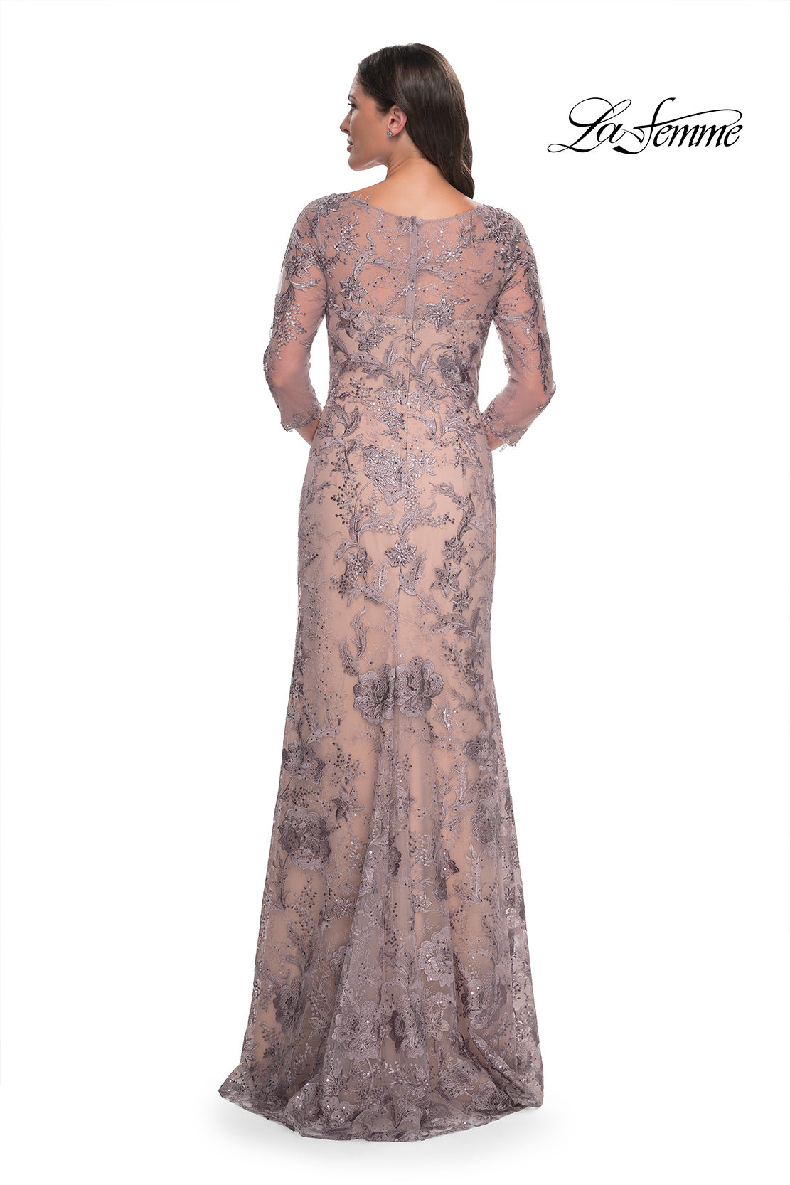 Picture of: Long Fitted Lace Dress with V Neckline and Sheer Sleeves in Dusty Lilac, Style: 30130, Detail Picture 2