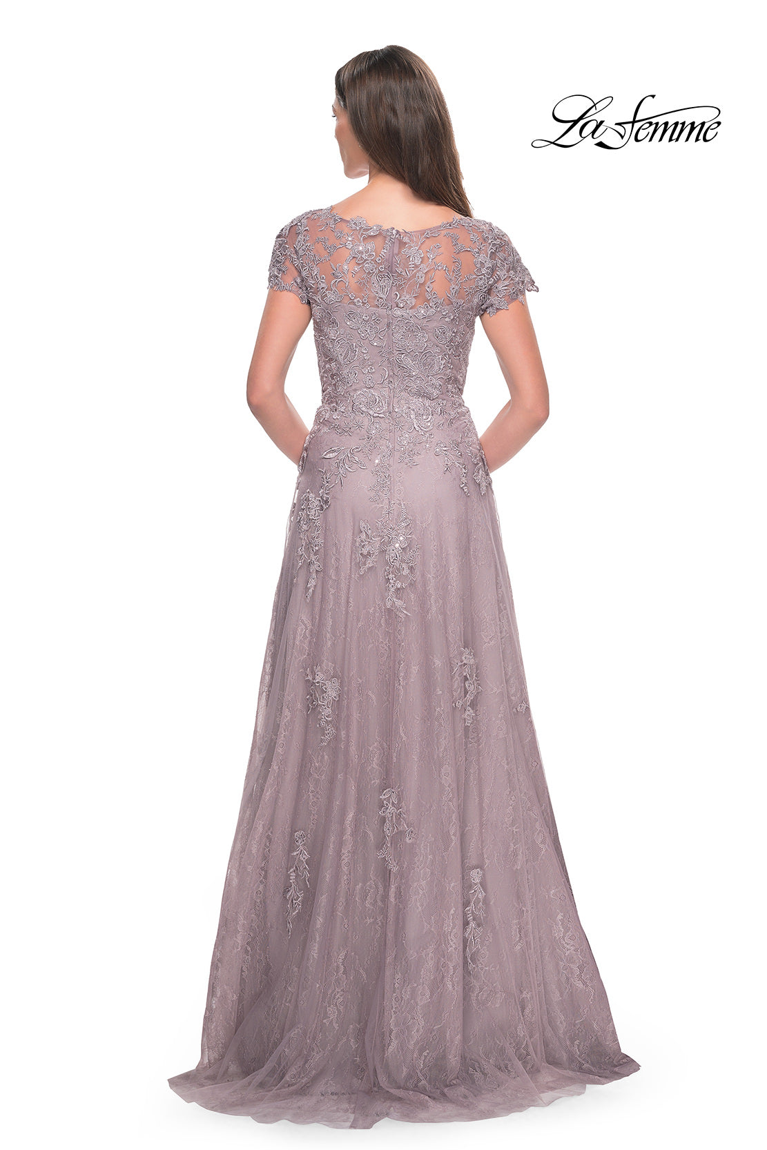 Picture of: A-Line Dress with Lace Applique and Sheer Short Sleeves in Dusty Lilac, Style: 30168, Detail Picture 2