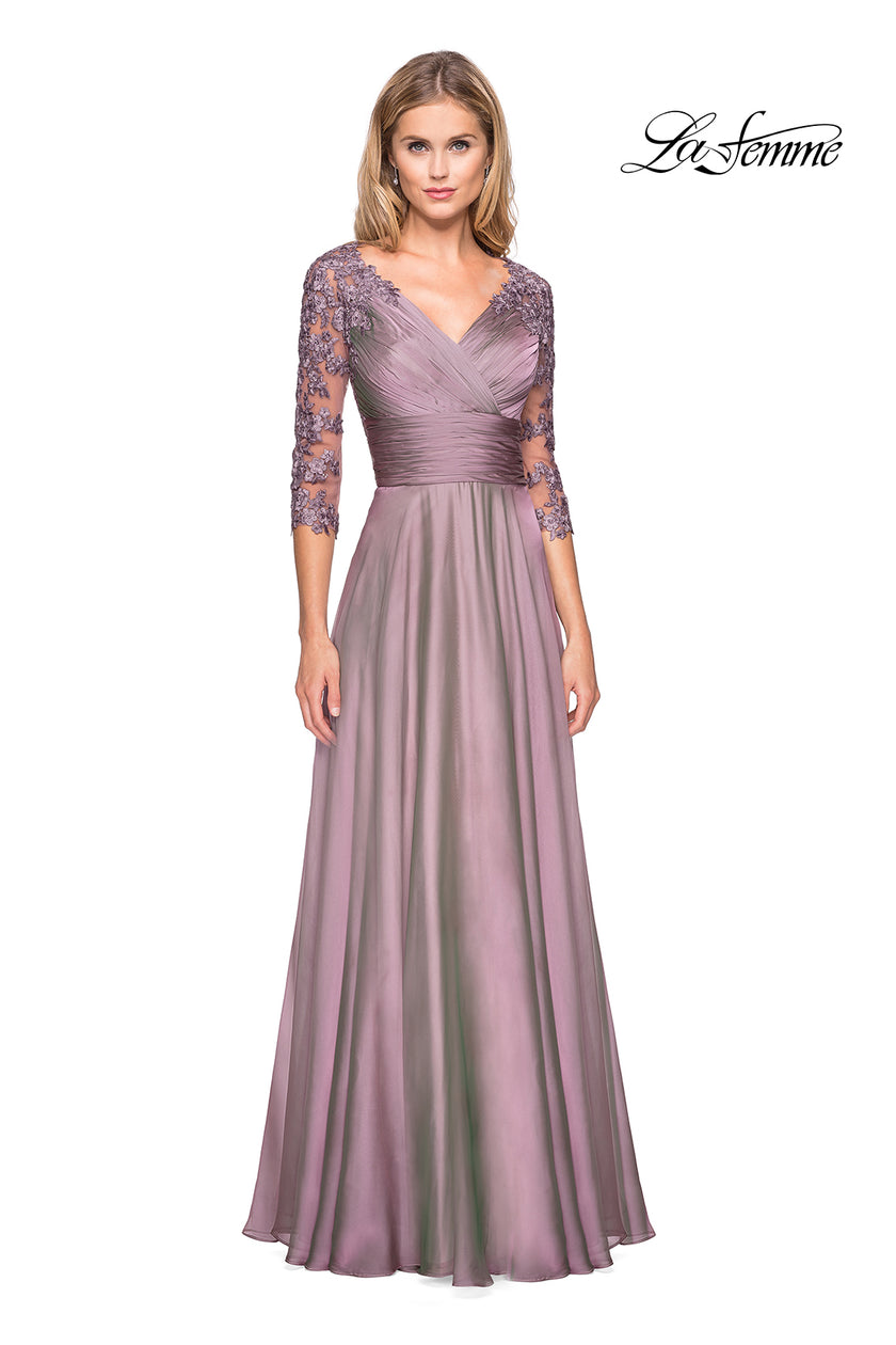 Picture of: Floor Length Chiffon Dress with Lace Sleeves in Dusty Lilac, Style: 27153, Detail Picture 3