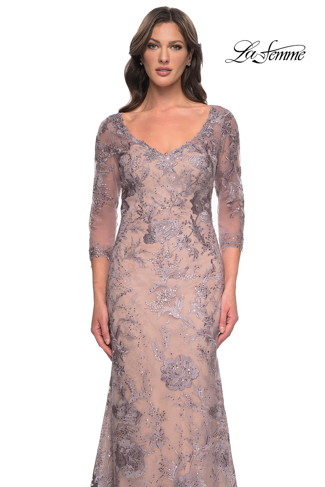 Picture of: Long Fitted Lace Dress with V Neckline and Sheer Sleeves in Dusty Lilac, Style: 30130, Detail Picture 5