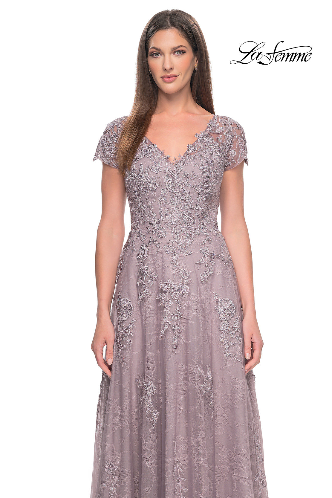 Picture of: A-Line Dress with Lace Applique and Sheer Short Sleeves in Dusty Lilac, Style: 30168, Detail Picture 5