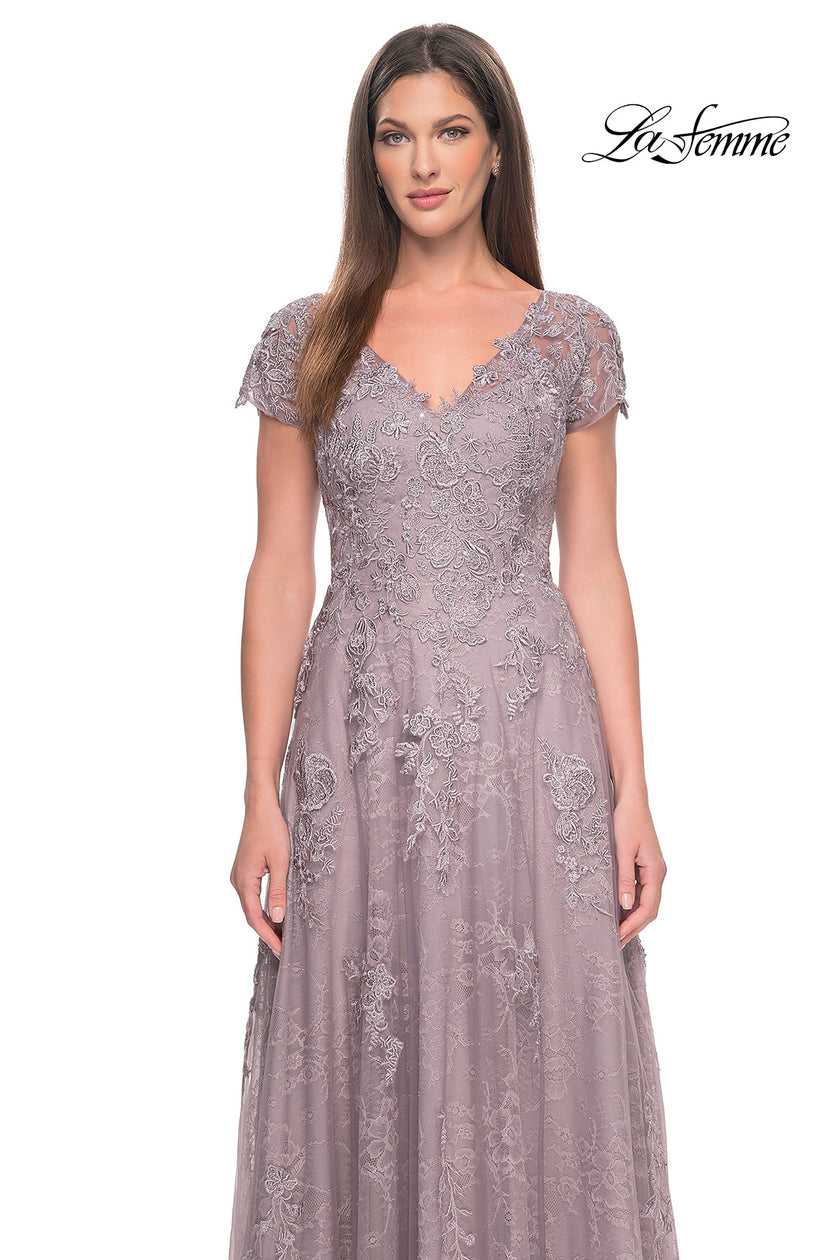 Picture of: A-Line Dress with Lace Applique and Sheer Short Sleeves in Dusty Lilac, Style: 30168, Detail Picture 5