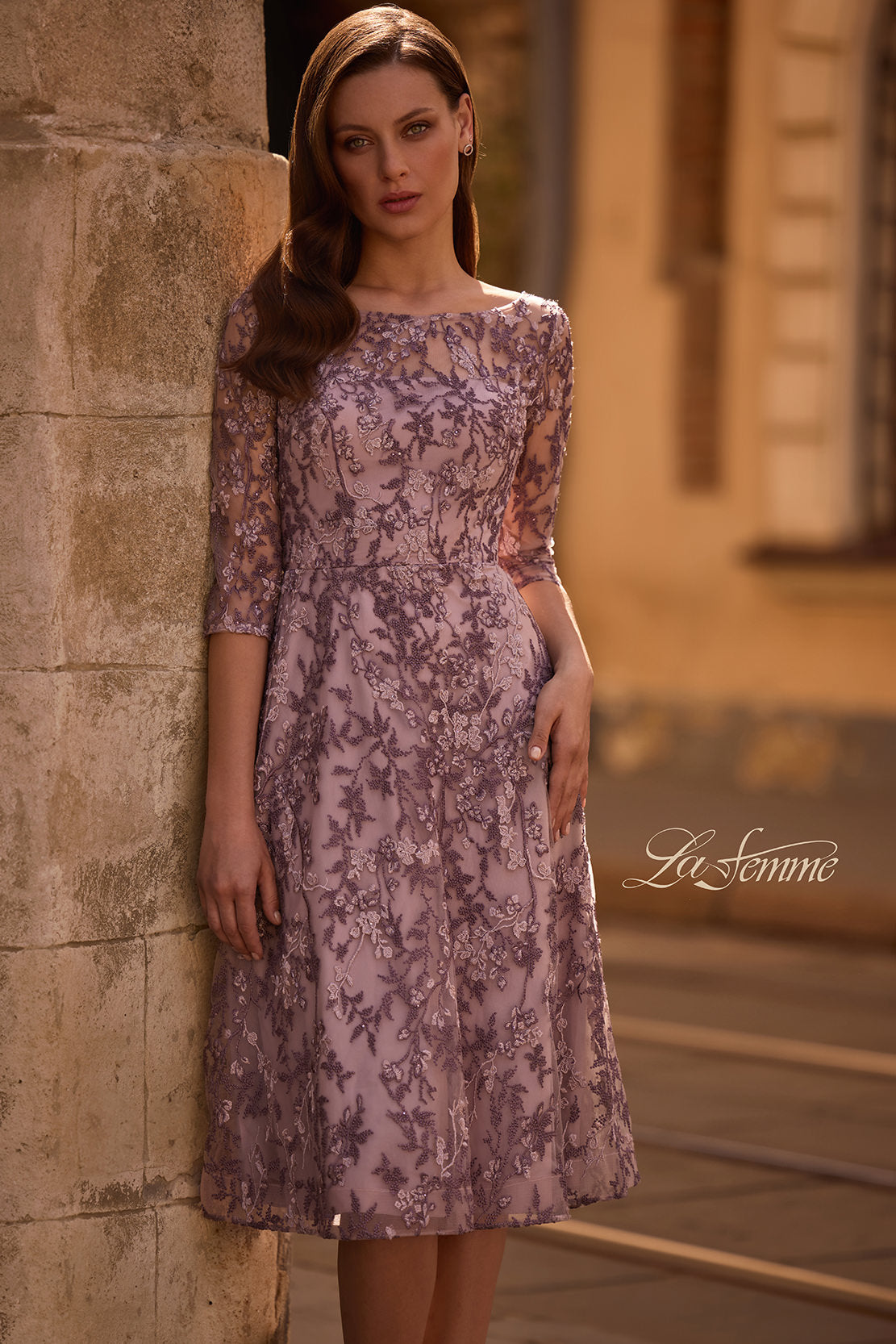 Picture of: Tea Length Embroidered Dress with Sheer Sleeves, Style: 27971, Main Picture