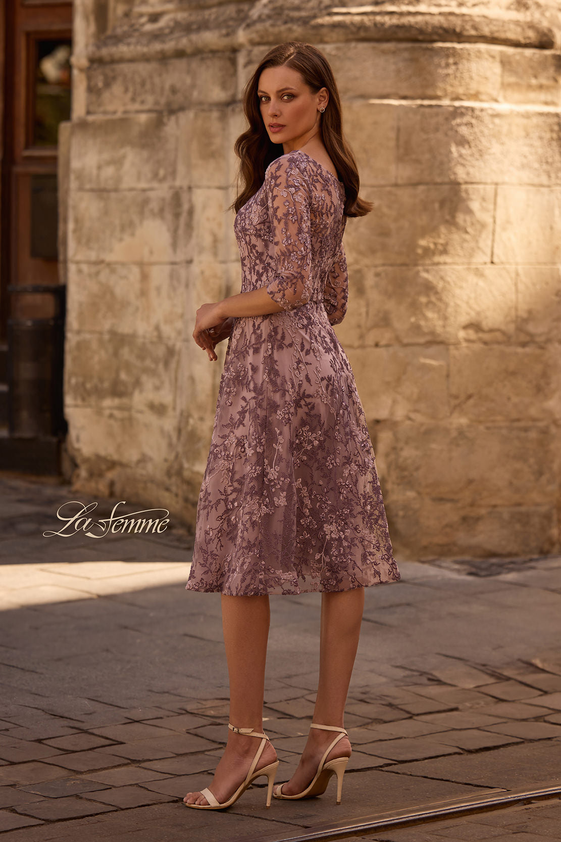 Picture of: Tea Length Embroidered Dress with Sheer Sleeves, Style: 27971, Back Picture