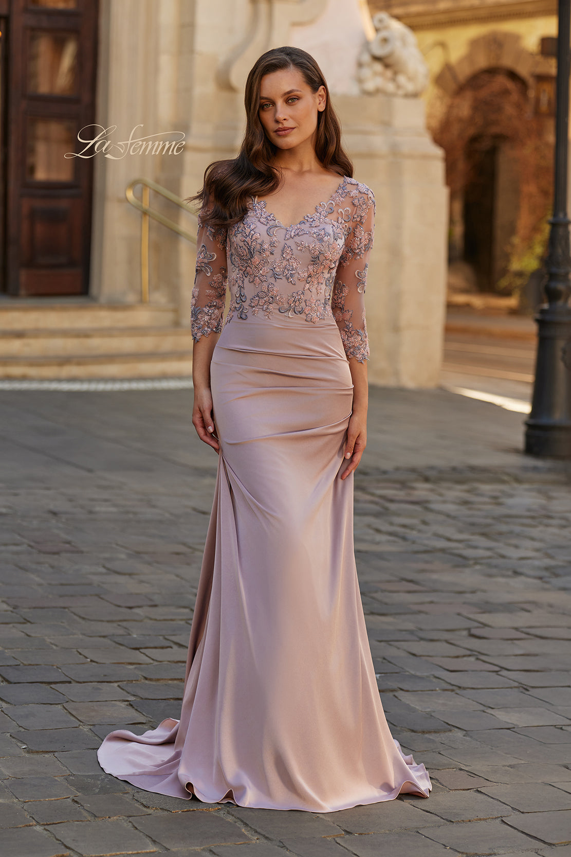 Picture of: Floral Embroidered V-Neck Evening Gown in Dusty Mauve, Style: 33335, Main Picture
