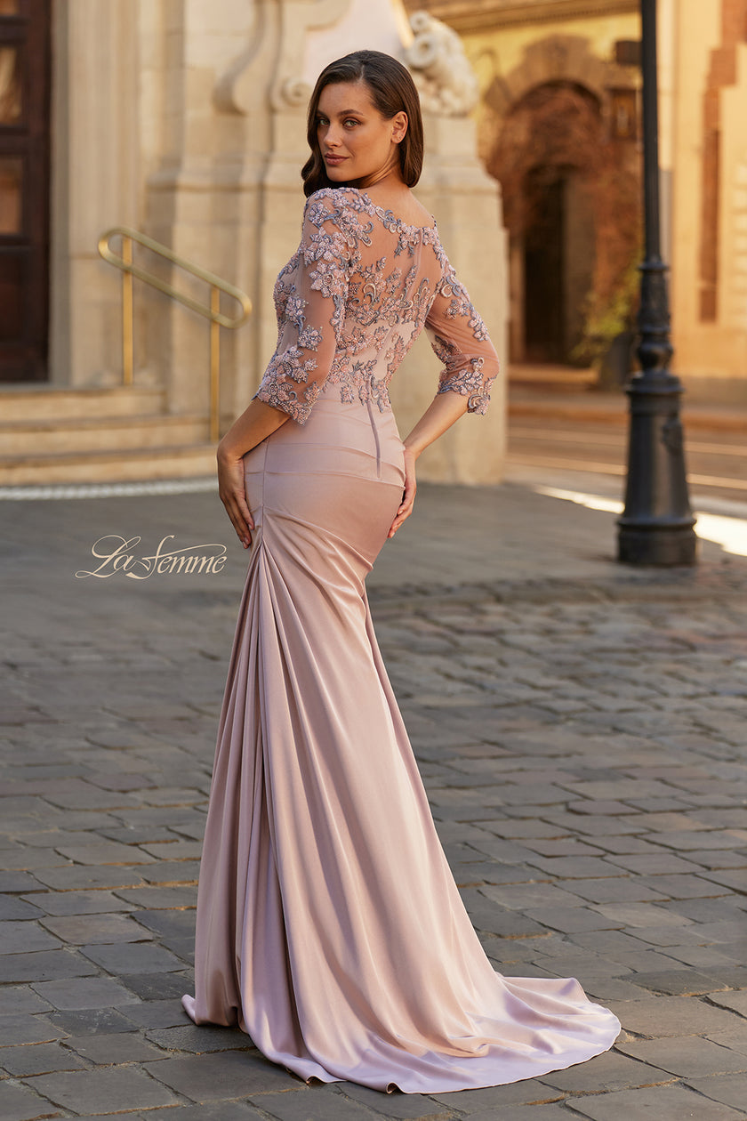 Picture of: Floral Embroidered V-Neck Evening Gown in Dusty Mauve, Style: 33335, Back Picture