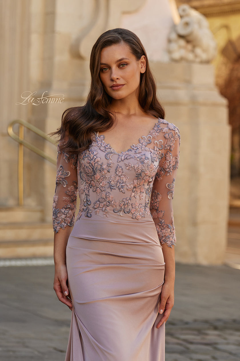 Picture of: Floral Embroidered V-Neck Evening Gown in Dusty Mauve, Style: 33335, Detail Picture 5