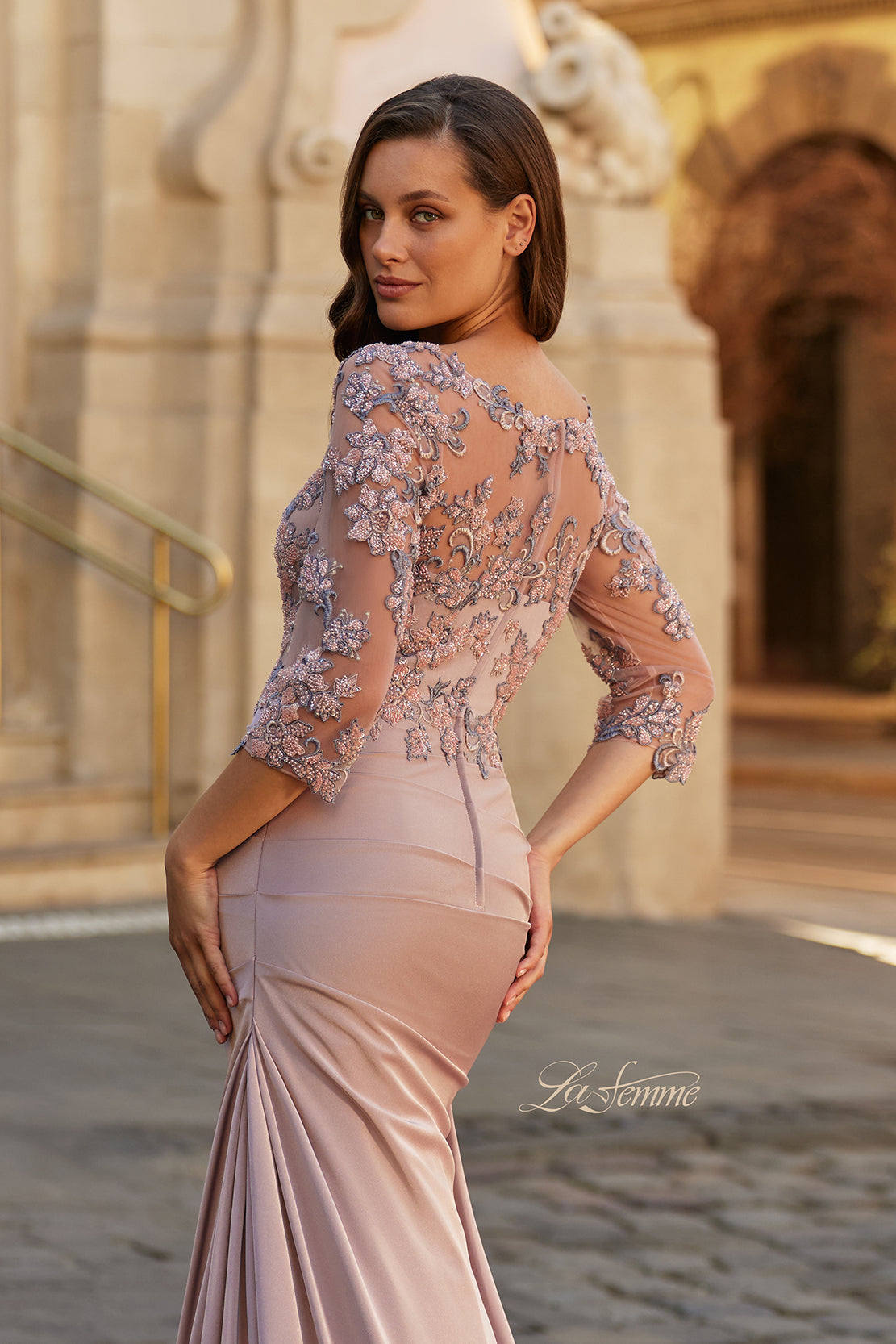 Picture of: Floral Embroidered V-Neck Evening Gown in Dusty Mauve, Style: 33335, Detail Picture 6