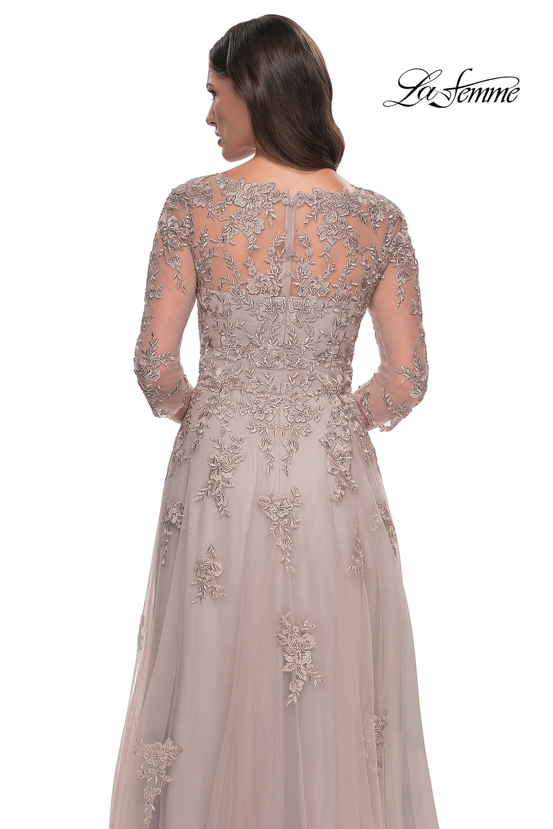Picture of: Tulle and Lace A-Line Dress with V Neckline in Dusty Mauve, Style: 30398, Detail Picture 9