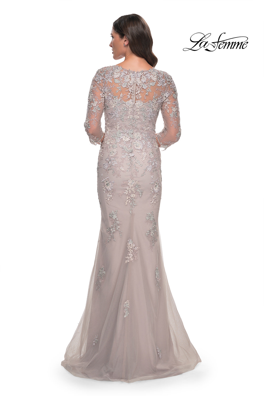 Picture of: Mermaid Tulle and Lace Dress with Illusion Sleeves in Dusty Mauve, Style: 30200, Back Picture