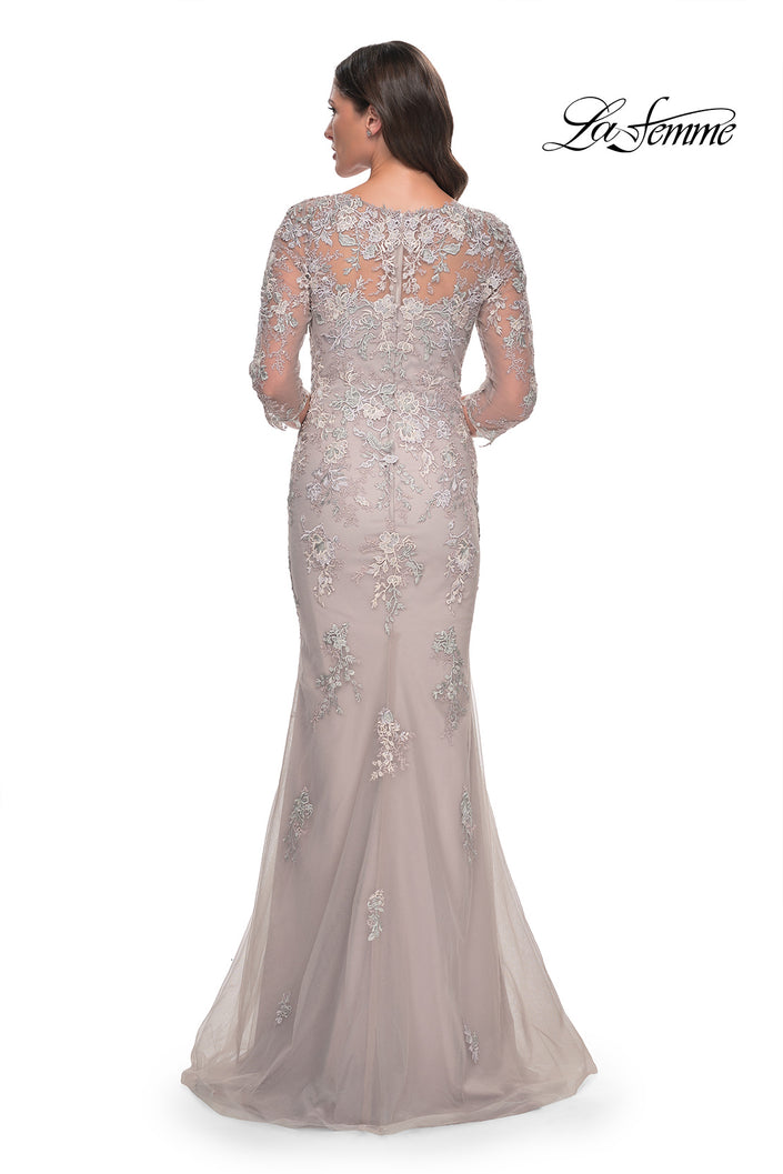 Picture of: Mermaid Tulle and Lace Dress with Illusion Sleeves in Dusty Mauve, Style: 30200, Back Picture