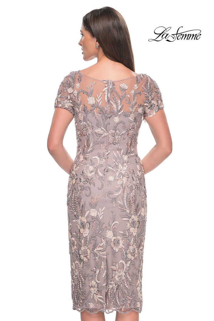 Picture of: Knee Length Beaded Lace Mother of the Bride Dress in Dusty Mauve, Style: 31775, Back Picture
