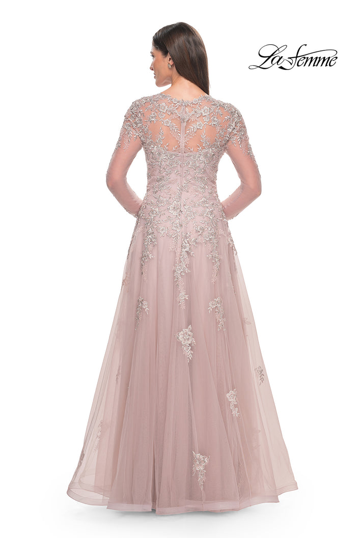 Picture of: Beautiful A-line Tulle and Lace Long Sleeve Gown in Dusty Mauve, Style: 31937, Back Picture
