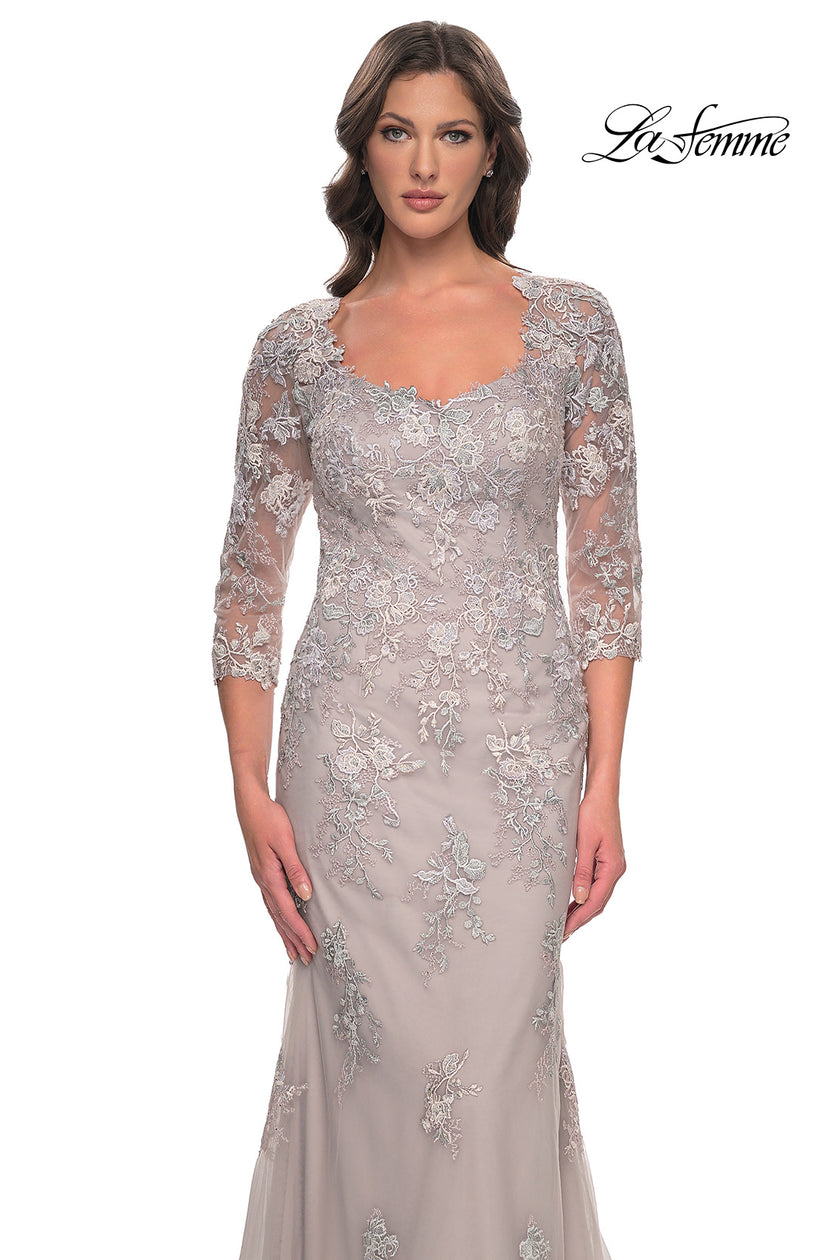 Picture of: Mermaid Tulle and Lace Dress with Illusion Sleeves in Dusty Mauve, Style: 30200, Detail Picture 1