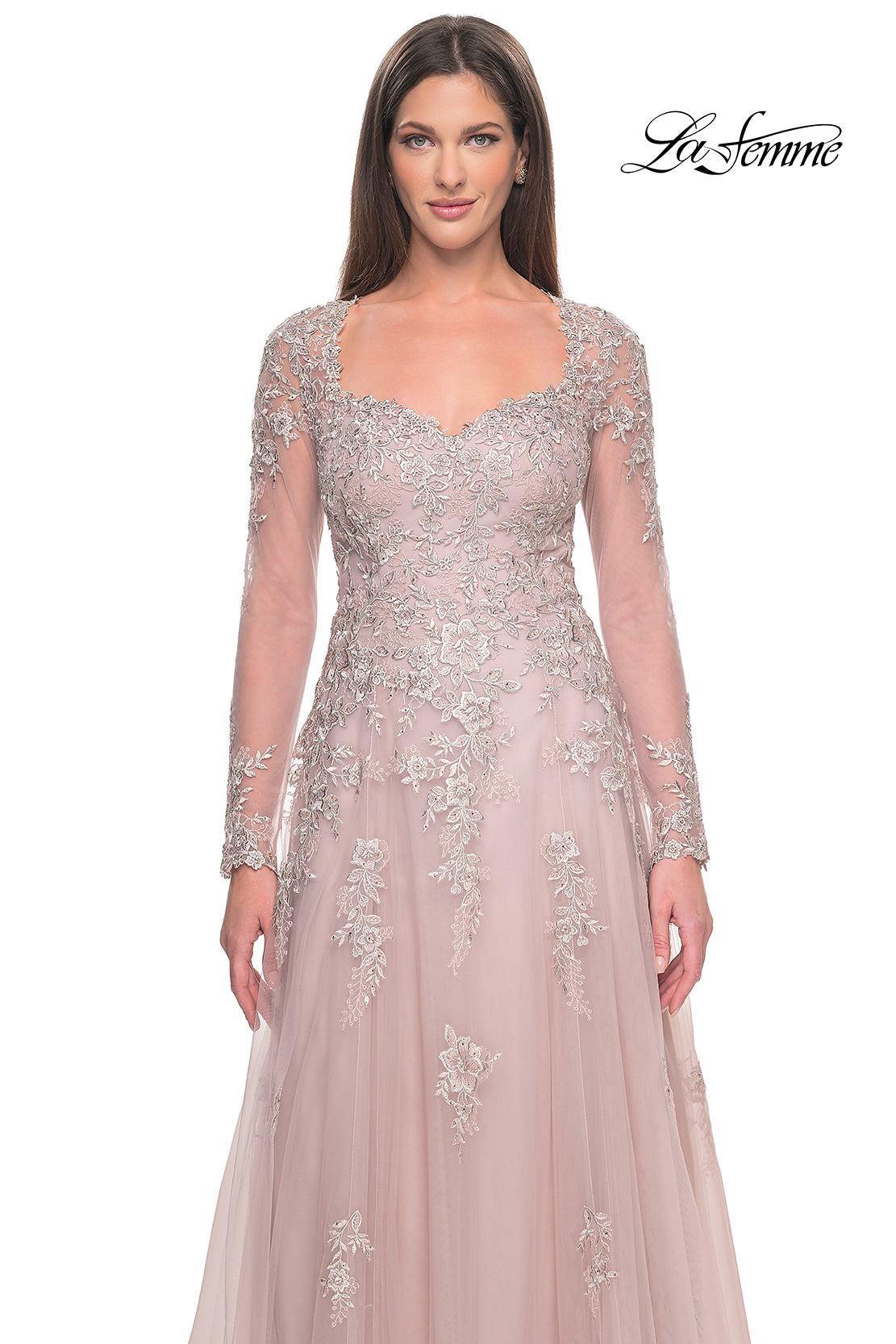 Picture of: Beautiful A-line Tulle and Lace Long Sleeve Gown in Dusty Mauve, Style: 31937, Detail Picture 1