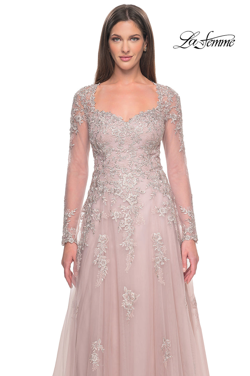 Picture of: Beautiful A-line Tulle and Lace Long Sleeve Gown in Dusty Mauve, Style: 31937, Detail Picture 1