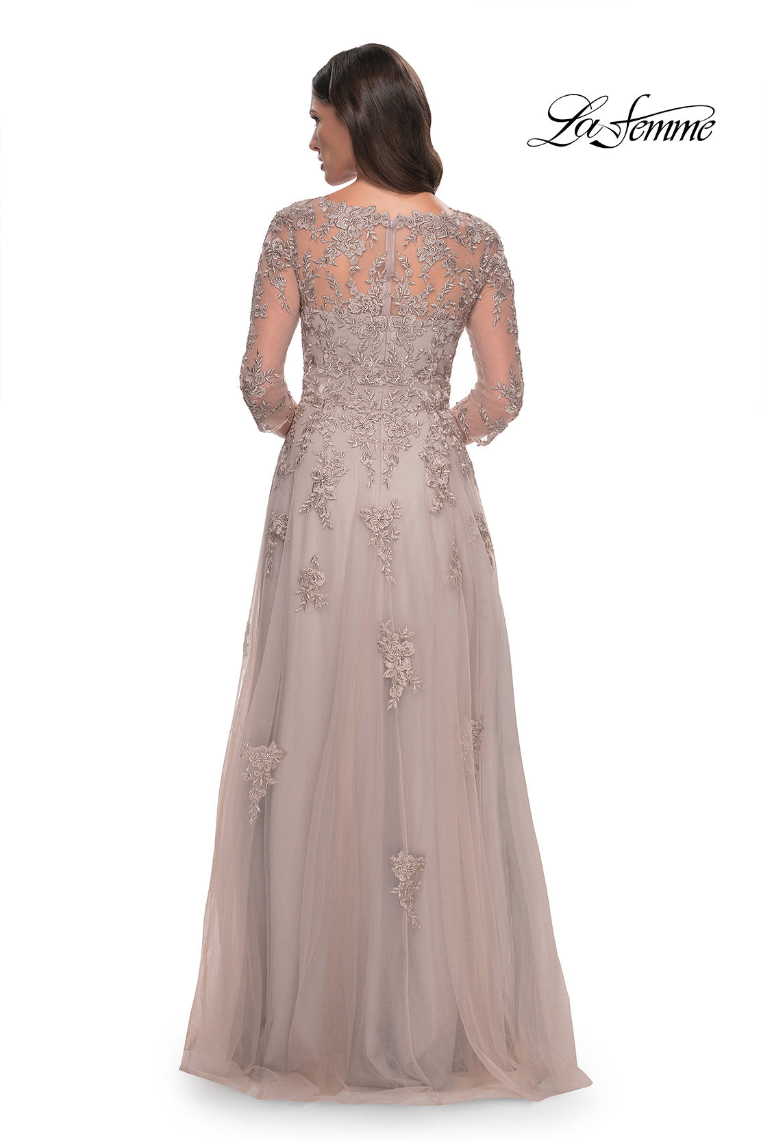 Picture of: Tulle and Lace A-Line Dress with V Neckline in Dusty Mauve, Style: 30398, Detail Picture 4
