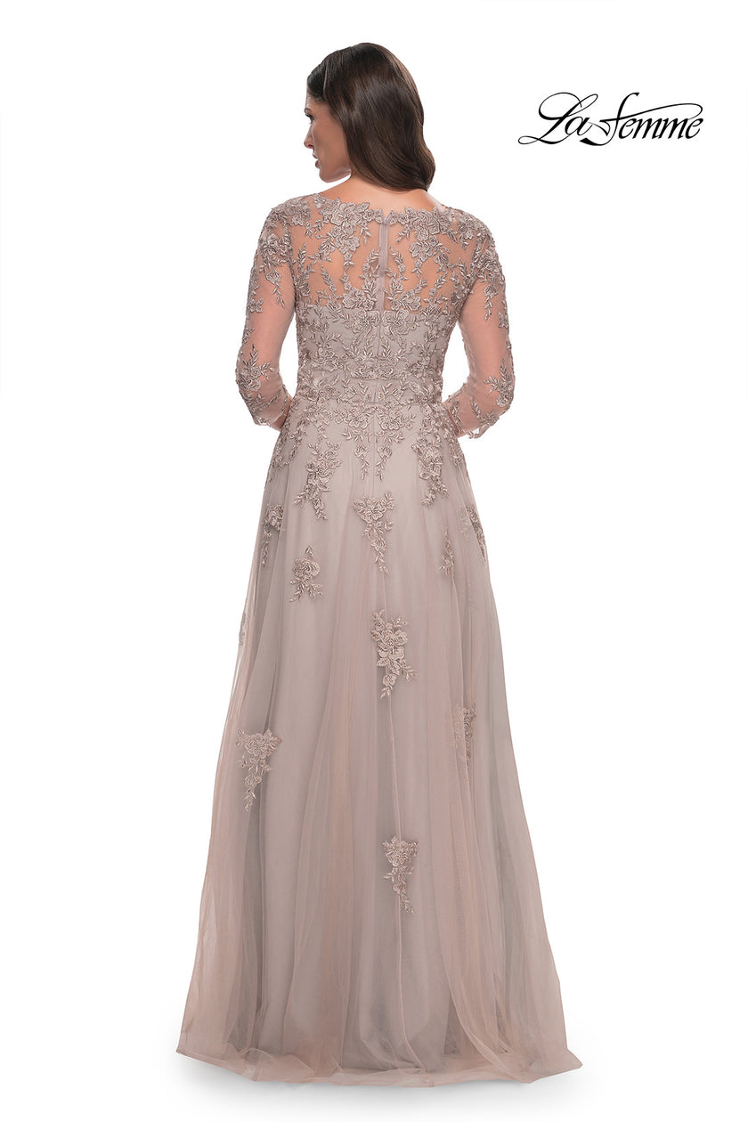 Picture of: Tulle and Lace A-Line Dress with V Neckline in Dusty Mauve, Style: 30398, Detail Picture 4