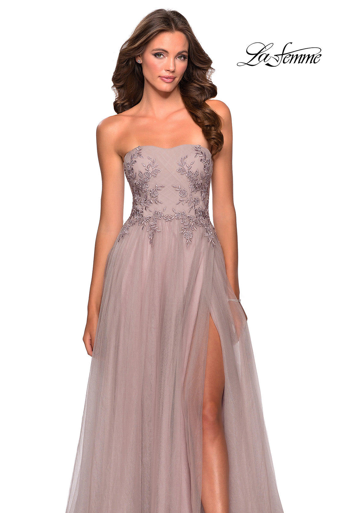 Picture of: Strapless Tulle Gown with Floral Embellishments in Dusty Mauve, Style: 28586, Main Picture