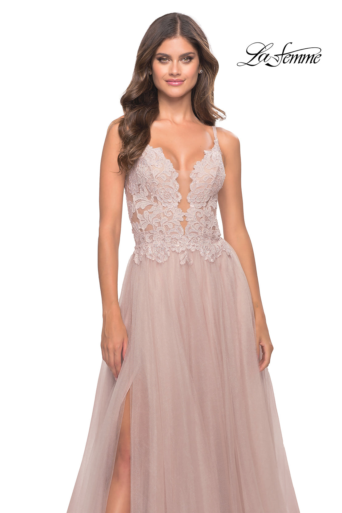 Picture of: A Line Tulle Gown with Lace Bodice and V Back in Dusty Mauve, Style: 31507, Detail Picture 13