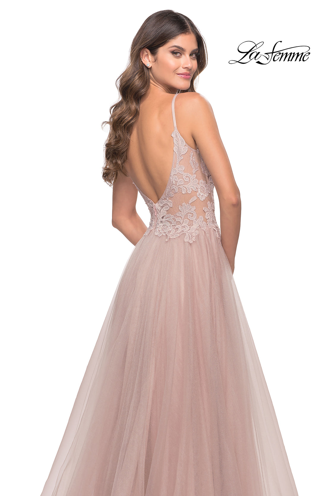 Picture of: A Line Tulle Gown with Lace Bodice and V Back in Dusty Mauve, Style: 31507, Detail Picture 14