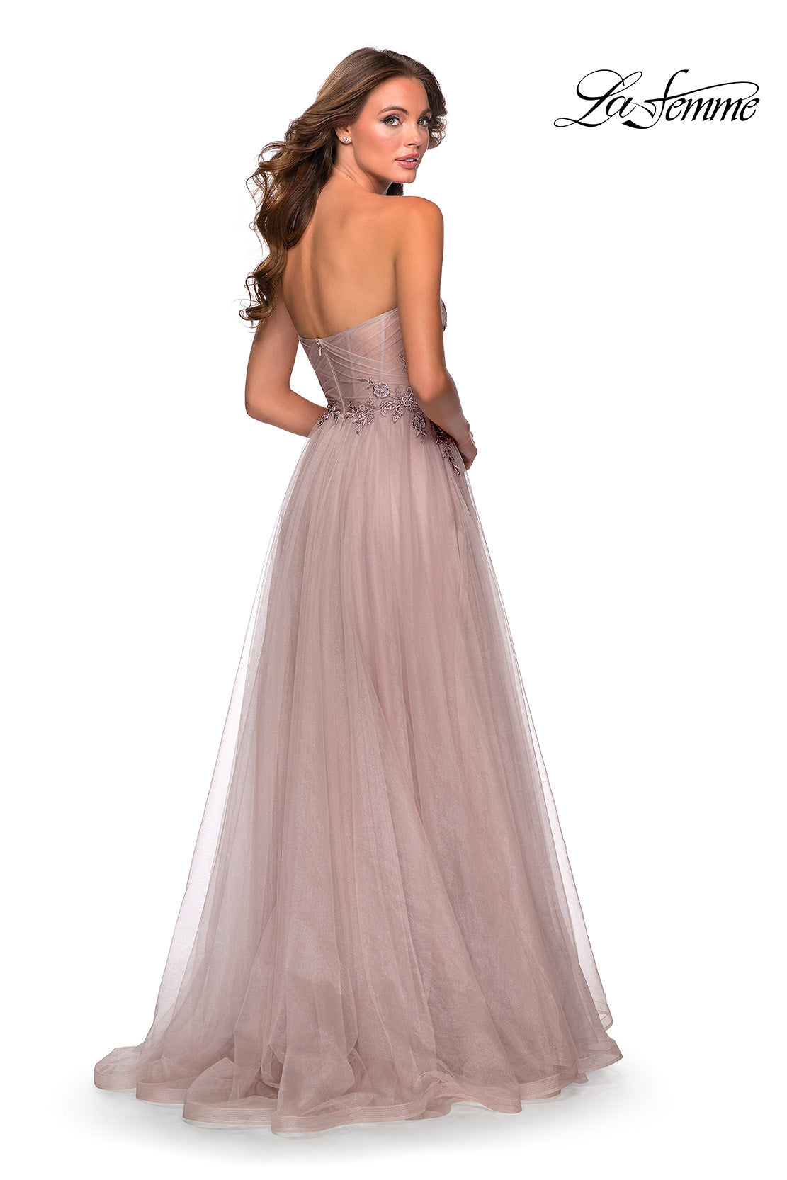 Picture of: Strapless Tulle Gown with Floral Embellishments in Dusty Mauve, Style: 28586, Back Picture