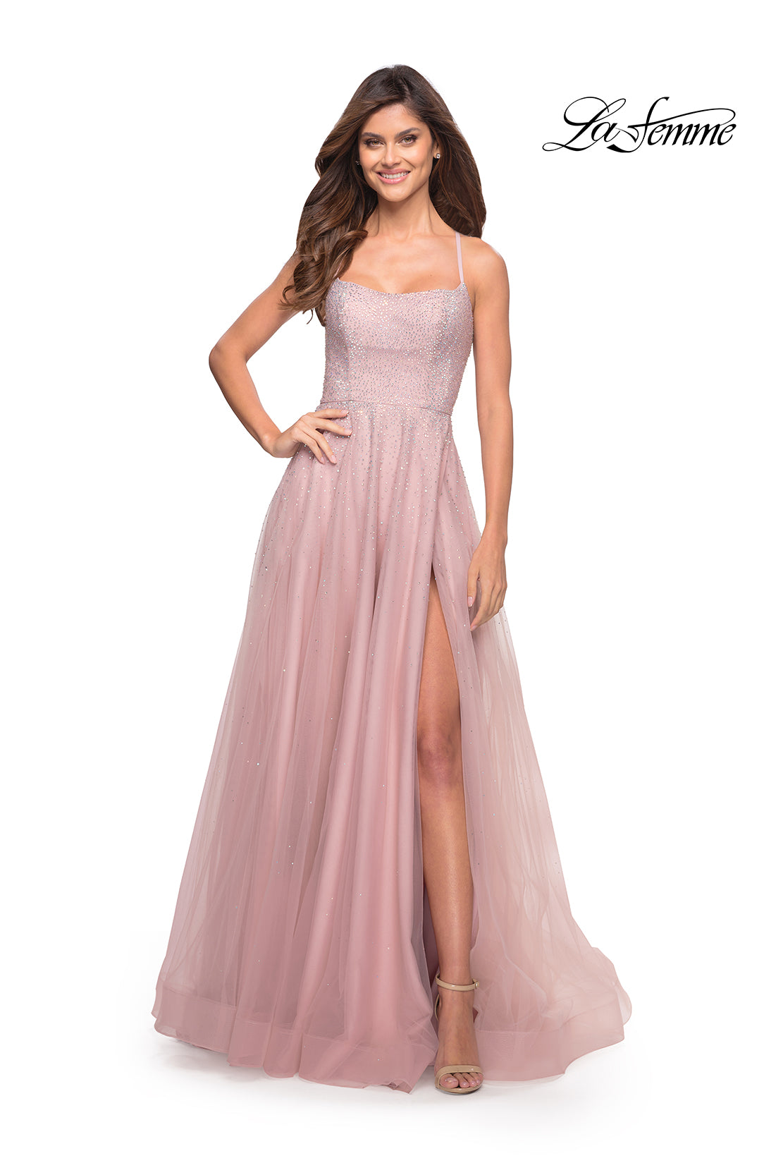 Picture of: Rhinestone and Tulle Gown with A-line Skirt in Dusty Mauve, Style: 30581, Detail Picture 1