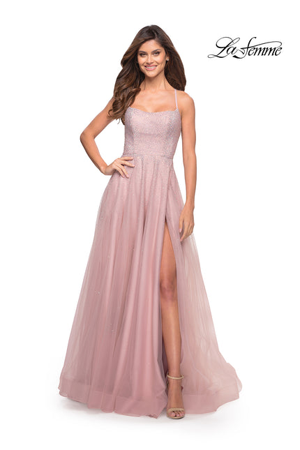 Picture of: Rhinestone and Tulle Gown with A-line Skirt in Dusty Mauve, Style: 30581, Detail Picture 1