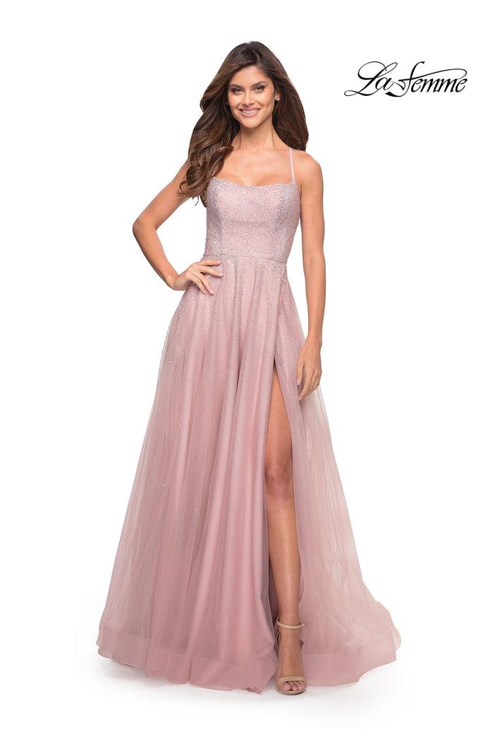Picture of: Rhinestone and Tulle Gown with A-line Skirt in Dusty Mauve, Style: 30581, Detail Picture 1
