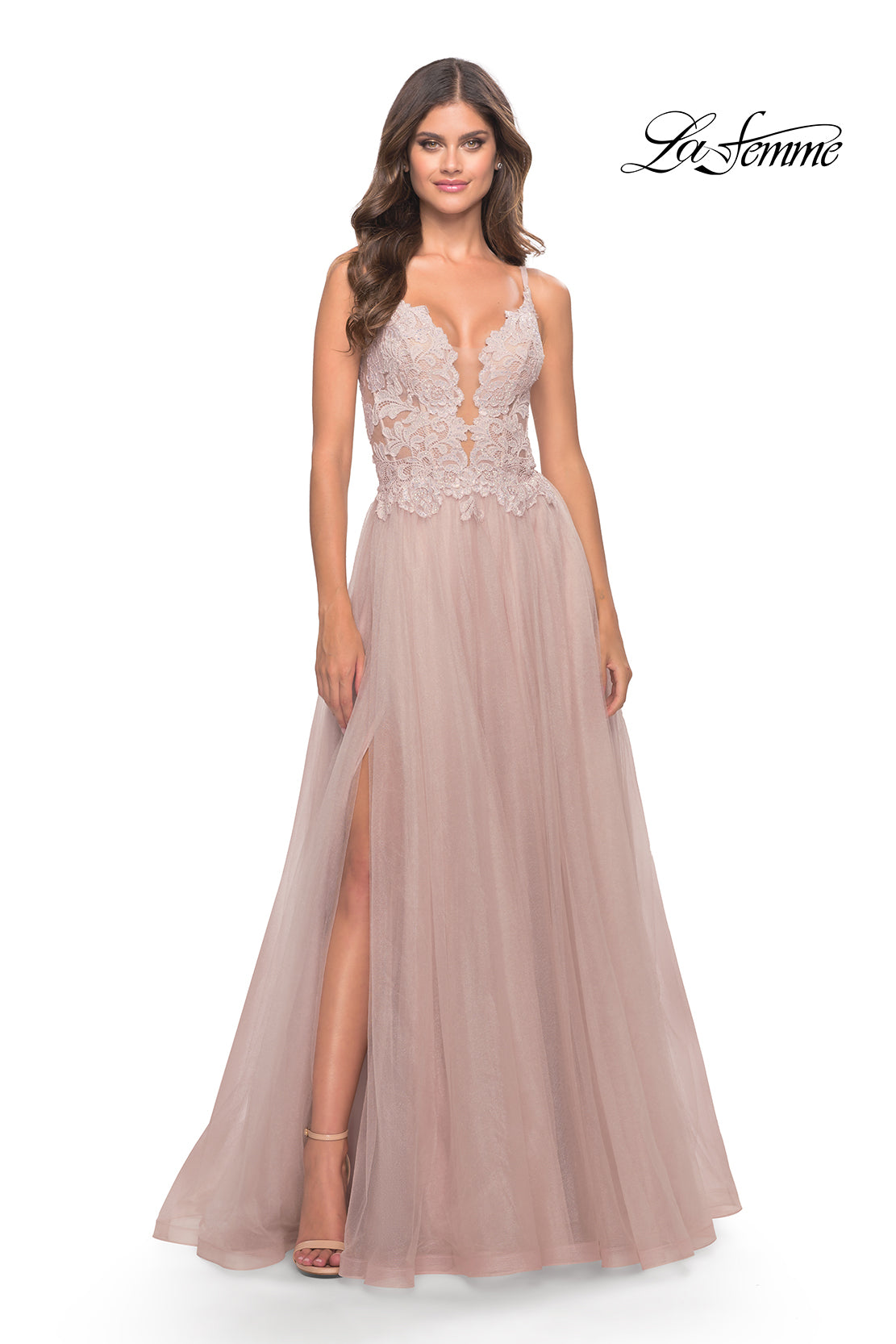 Picture of: A Line Tulle Gown with Lace Bodice and V Back in Dusty Mauve, Style: 31507, Detail Picture 1